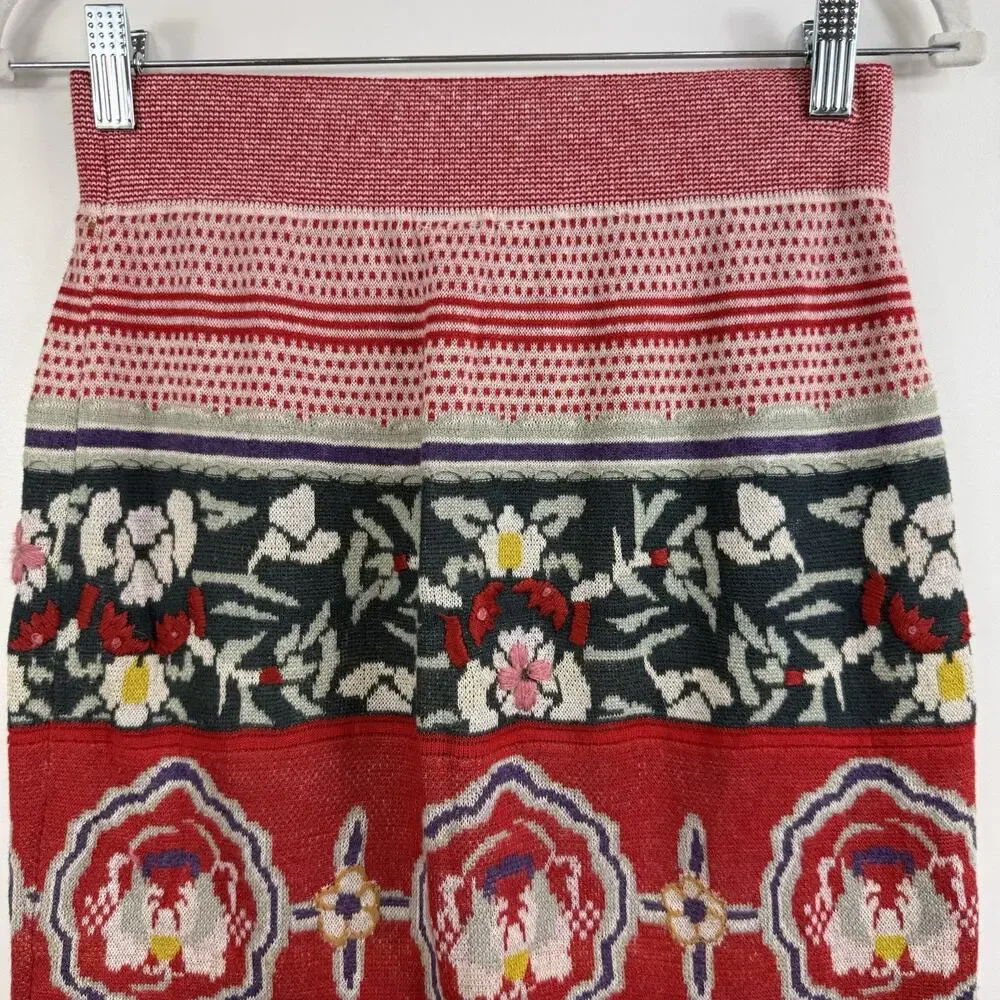 Anthropologie Moth Chava Embroidered Folk Bird Floral Knit Skirt Small Bohemian